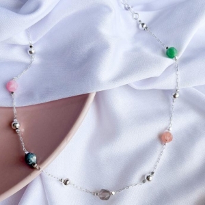 COLAR CHOKER CORRENTE PEDRAS NATURAIS COLORIDAS B. PRATA