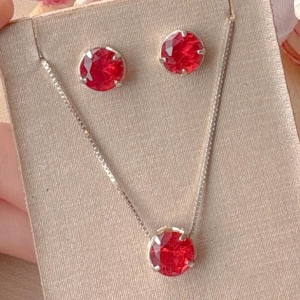 COLAR CONJUNTO PEDRA REDONDO ZIRCONIA VERMELHO