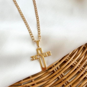 COLAR GRUMET 60 CM C/ PG CRUZ ESCRITO JESUS B. OURO