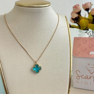 COLAR VENEZIANA TREVO PEDRA TURQUESA B. OURO