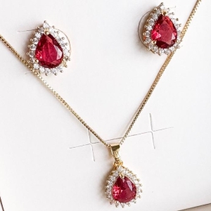 CONJUNTO LUXO GOTA RUBI BORDAS CRAVEJADAS B. OURO
