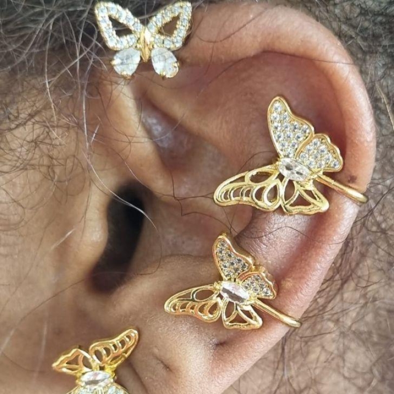 BRINCO EAR CUFF BORBOLETAS CRAVEJADAS ENCAIXE B. OURO