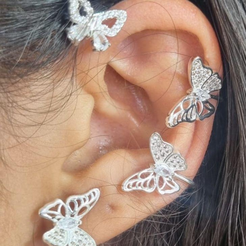 BRINCO EAR CUFF BORBOLETAS CRAVEJADAS ENCAIXE B. PRATA
