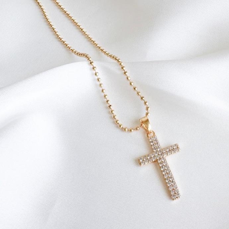 COLAR 45 CM BOLINHAS COM CRUZ CRAVJ CRISTAL B. OURO