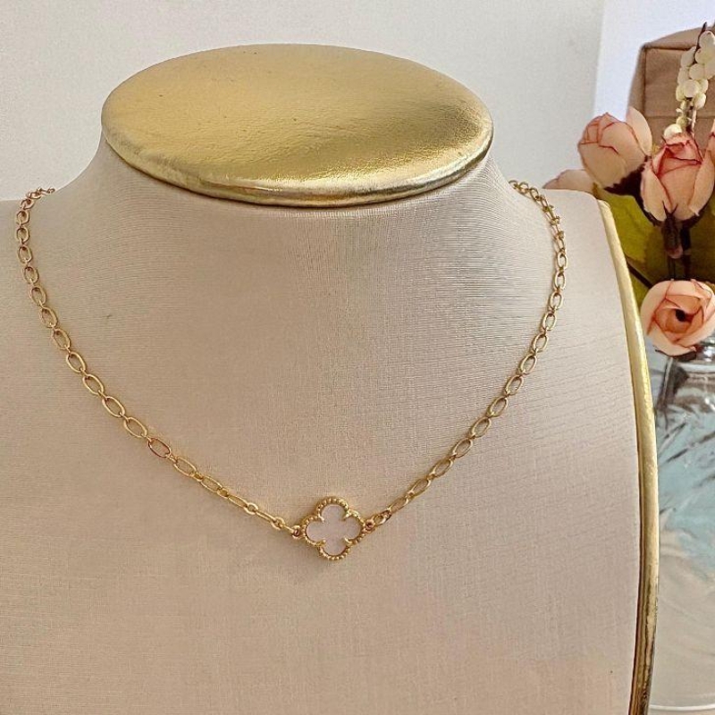 COLAR CHOKER ELOS FÍGARO E 1 TREVO BRANCO B. OURO