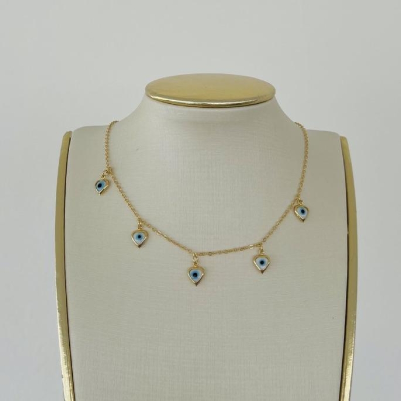 COLAR CHOKER OLHO GREGO CORAÇÕES PEND. B. OURO