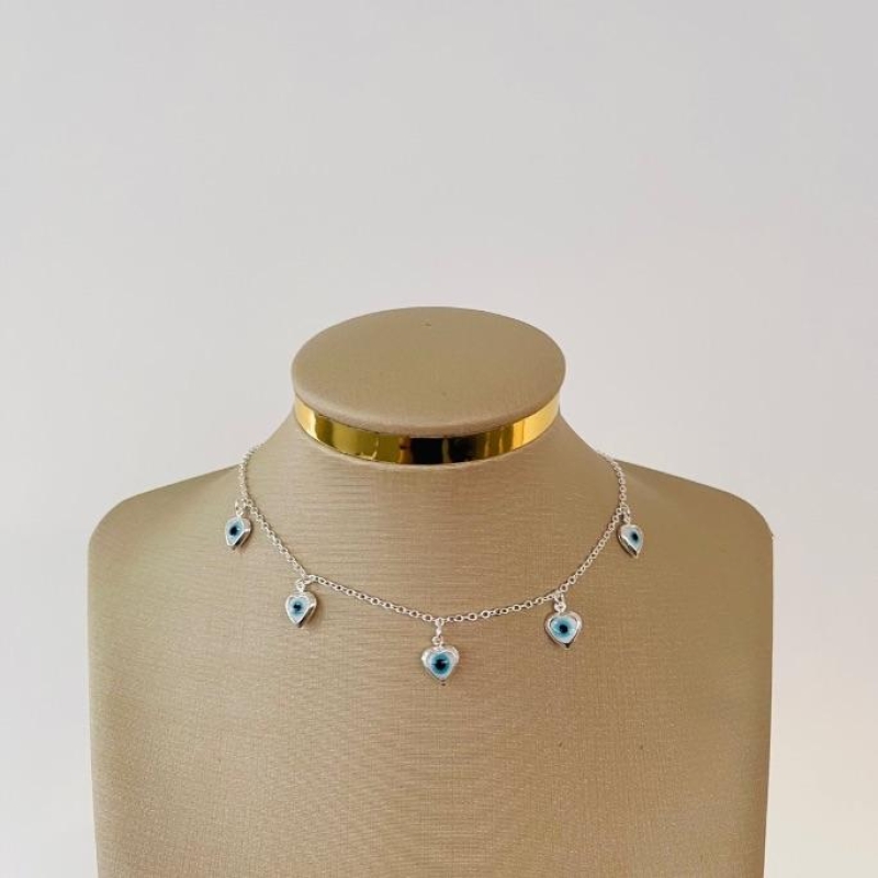 COLAR CHOKER OLHO GREGO CORAÇÕES PEND. B. PRATA