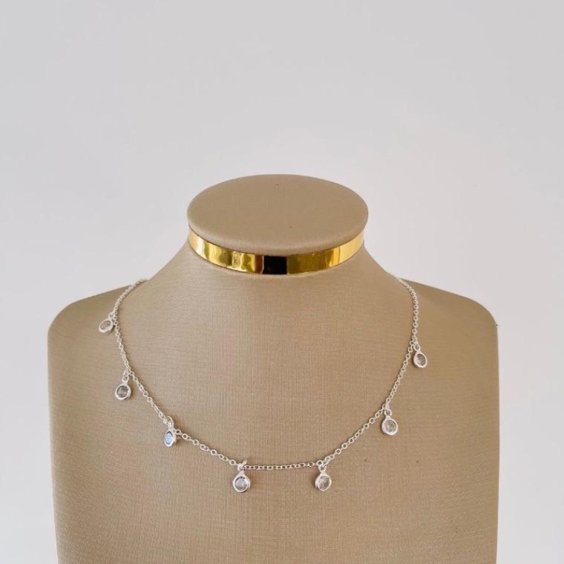 COLAR CHOKER ZIRCONIAS PENDURICALHO B. PRATA