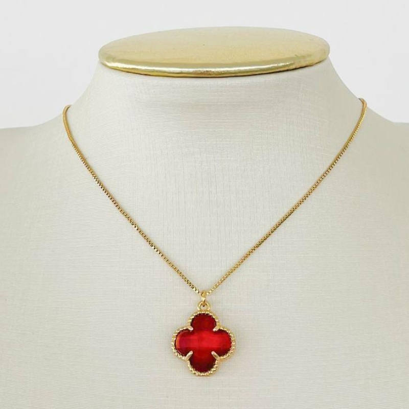COLAR VENEZIANA TREVO PEDRA RUBI B. OURO