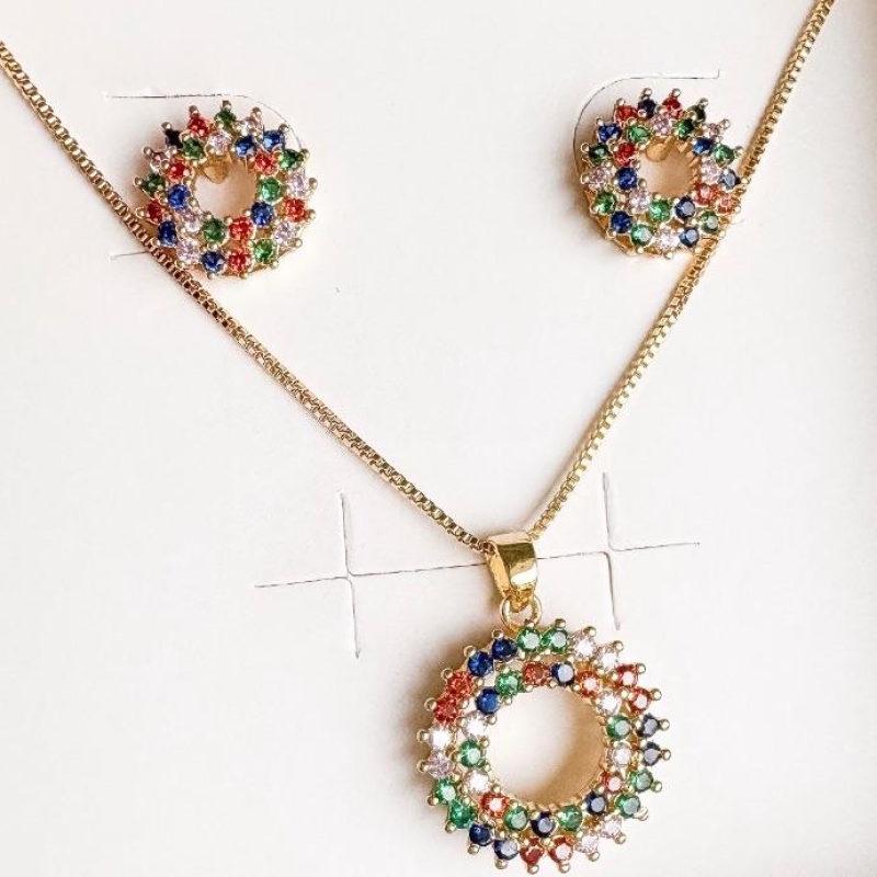 CONJUNTO CIRCULO VAZADO 2 FILEIRAS COLORS CRAVJ  B. OURO