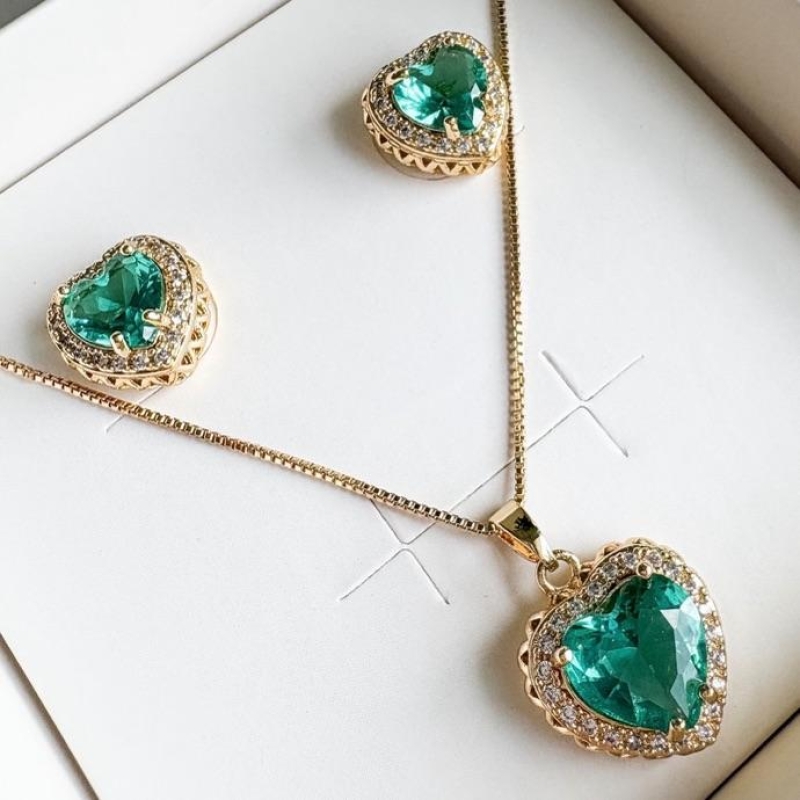 CONJUNTO LUXO CORAÇÃO TIFFANY CRAVJ B. OURO