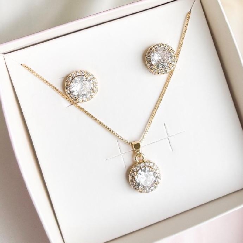CONJUNTO LUXO REDONDO CRISTAL CRAVJ B. OURO