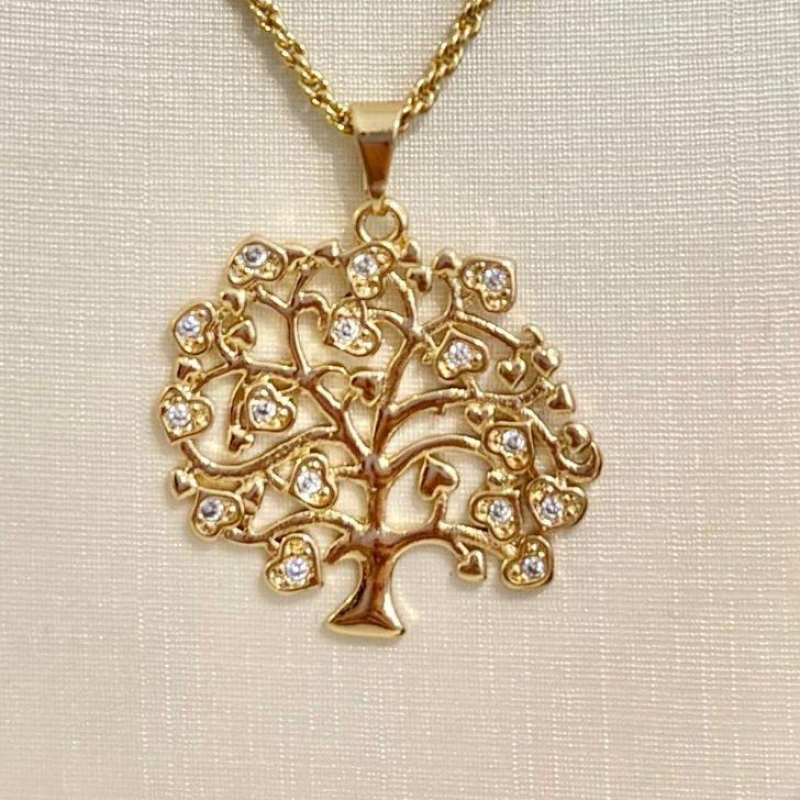 PINGENTE ÁRVORE DA VIDA GRANDE ZIRC NAS FOLHAS B. OURO
