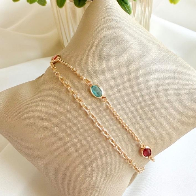 PULSEIRA DUPLA PEDRAS COLORS OVAIS B. OURO