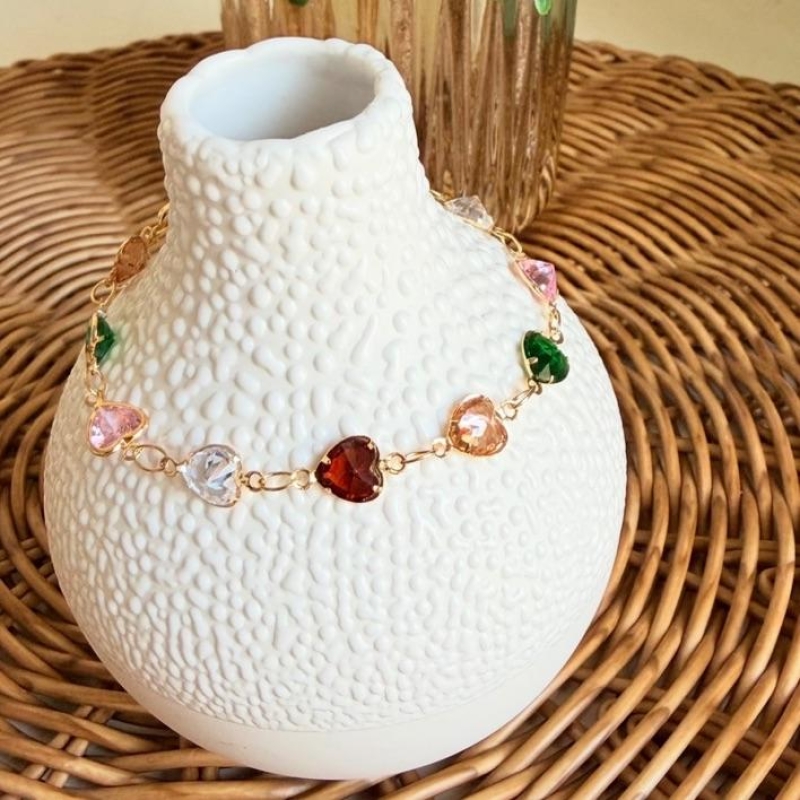 PULSEIRA CORAÇÕES PEDRAS COLORS B. OURO