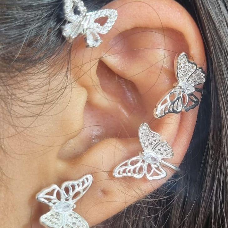 BRINCO EAR CUFF BORBOLETAS CRAVEJADAS ENCAIXE B. PRATA