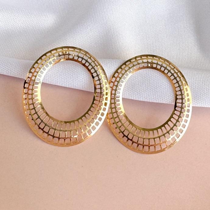 BRINCO VAZADO OVAL ORG TELINHA B. OURO