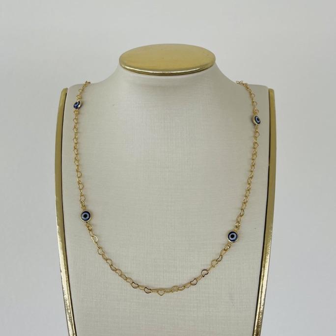 COLAR 60 CM OLHO GREGO ESCURO E ELOS CORAÇÃO B. OURO
