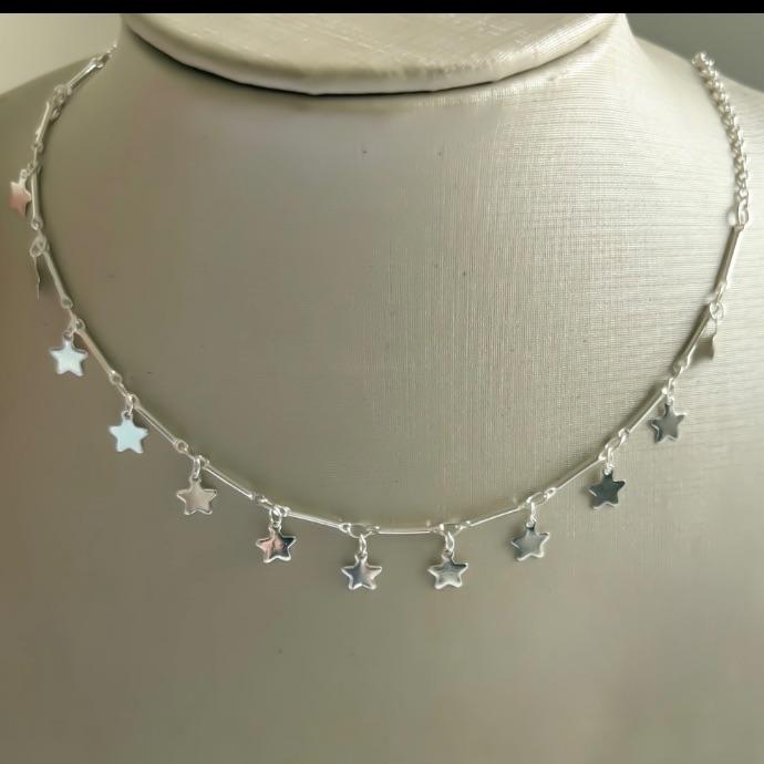 COLAR CHOKER PALITOS DIAMANTADOS E RETANGULOS PEDRAS PRETAS B. PRATA