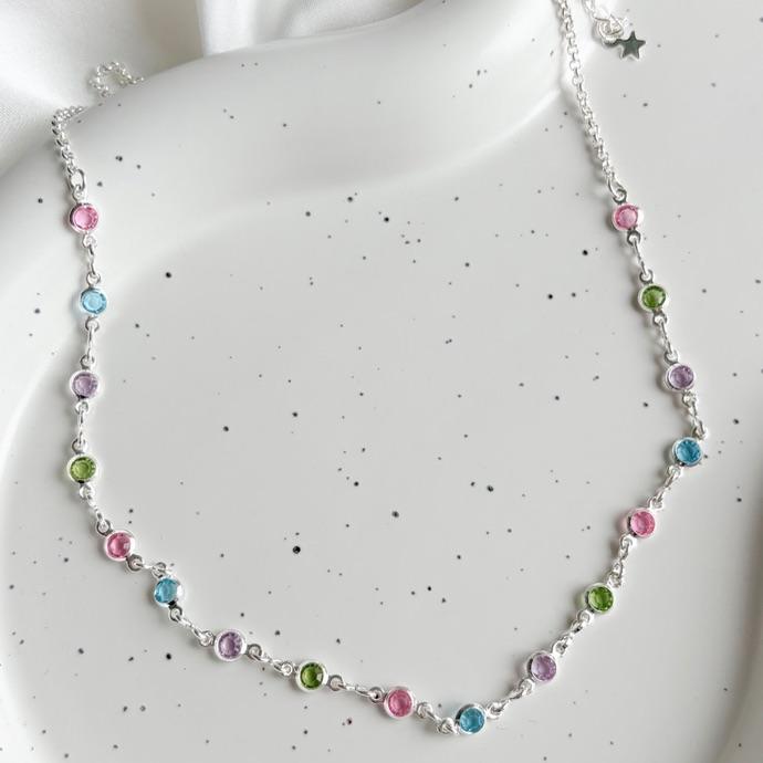 COLAR CHOKER PEDRAS REDONDAS COLORS CLARAS B. PRATA
