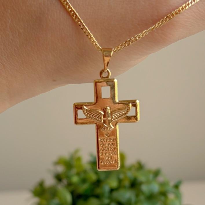 COLAR DELICADO GRUMET 45 CM C/ CRUZ SENHOR É MEU PASTOR B. OURO