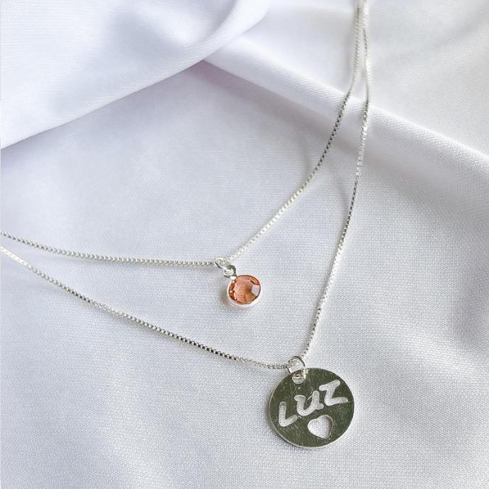 COLAR DUPLO MEDALHA LUZ + PEDRA B. PRATA