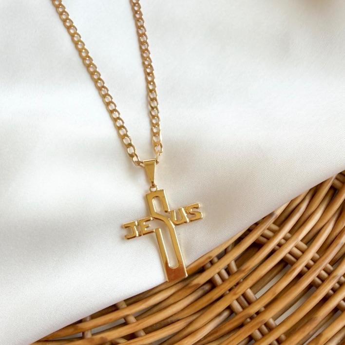 COLAR GRUMET 60 CM C/ PG CRUZ ESCRITO JESUS B. OURO