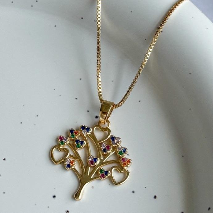 COLAR VENEZ. DELICADO ARVORE DA VIDA FOLHAS DE CORAÇÕES CIGANINHA B. OURO