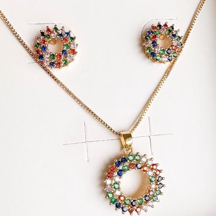 CONJUNTO CIRCULO VAZADO 2 FILEIRAS COLORS CRAVJ  B. OURO