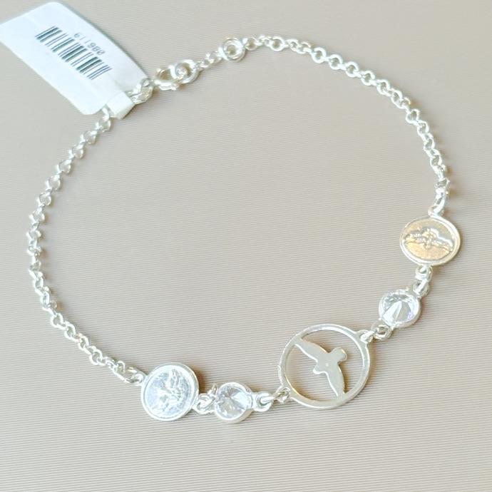 PULSEIRA MEDALHAS ESPIRITO SANTO E ZIRCONIAS CRISTAL PRATA 925