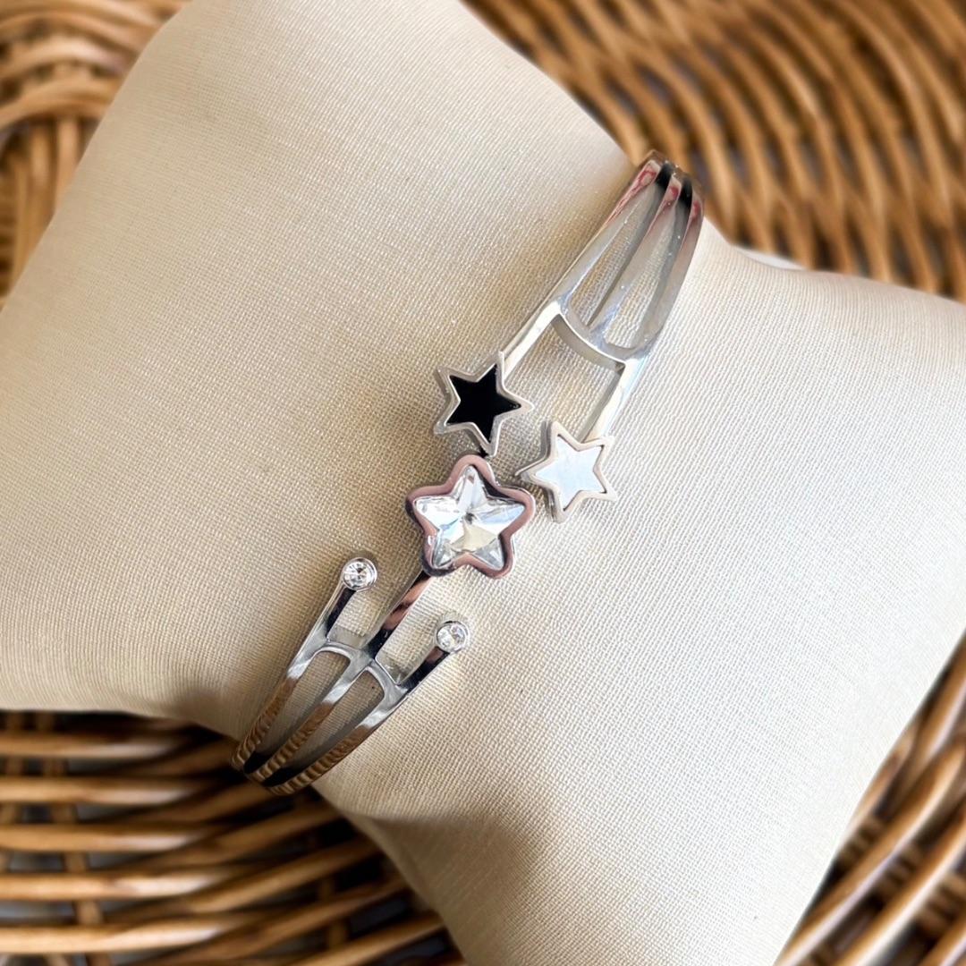BRACELETE AÇO 3 ESTRELAS E PEDRAS