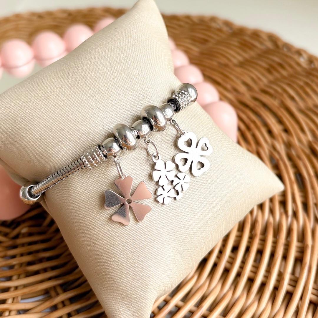 PULSEIRA AÇO BERLOQUE AJUSTÁVEL FLORES