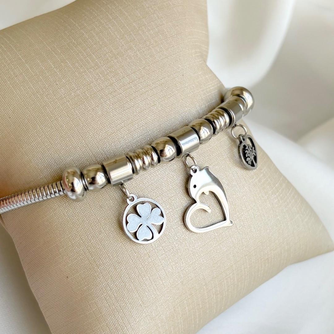 PULSEIRA AÇO BERLOQUE AJUSTÁVEL TREVO GOLFINHO ARVORE
